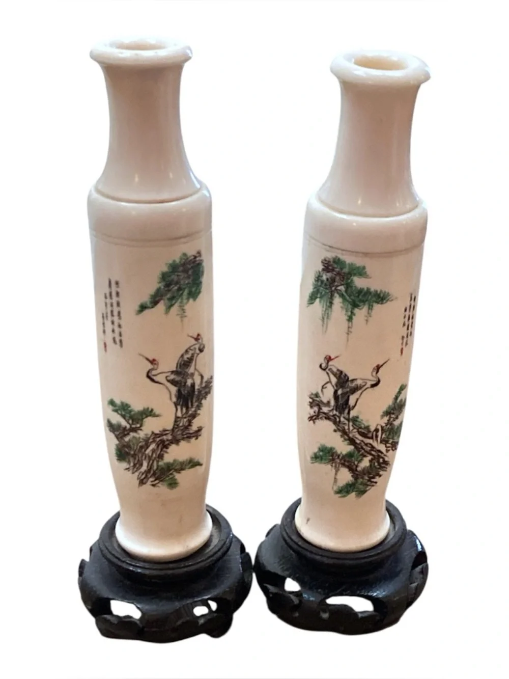 Vintage Chinese Porcelain Crane Pine Calligraphy Bud Vases Pair Wood Stands
